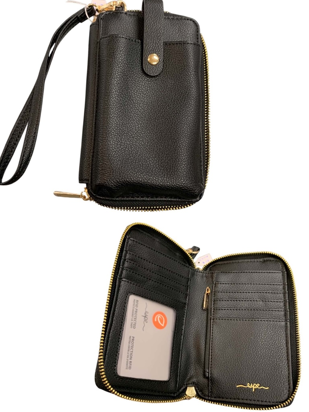 Espe Black Pebbled Wristlet Wallet with Gold Hardware